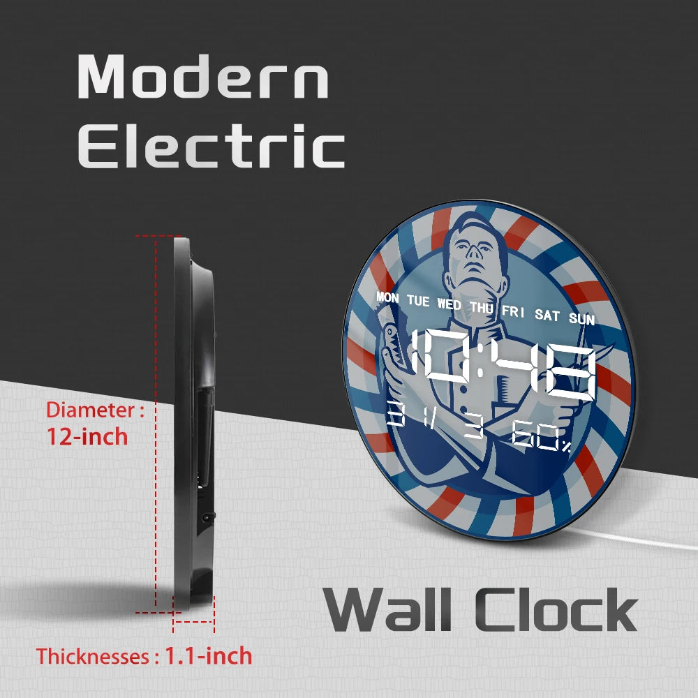Retro Style Barber Shop Electric Wall Clock Stripped Barber Pole LED Digital Wall Clock Large Time Numeric Display Wall Desk Use