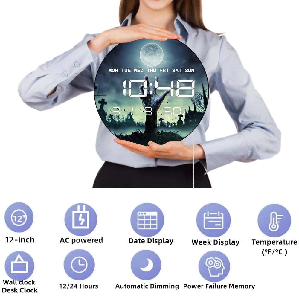 Zombie Hand Rising Out Of A Grave Horror Design Wall Clock with Timer Date Temperature Display Halloween LED Digital Wall Clock