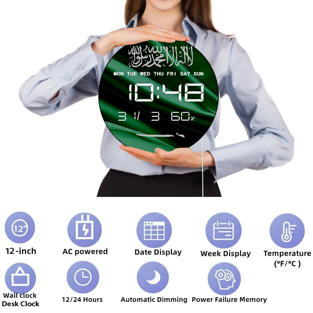 Saudi Arabia Country Flag Digital Wall Clock with Timer Date Temperature Display Saudi Pride Patriotic Green Electric Wall Clock
