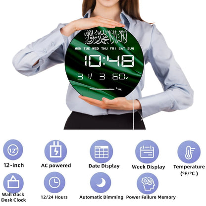 Saudi Arabia Country Flag Digital Wall Clock with Timer Date Temperature Display Saudi Pride Patriotic Green Electric Wall Clock