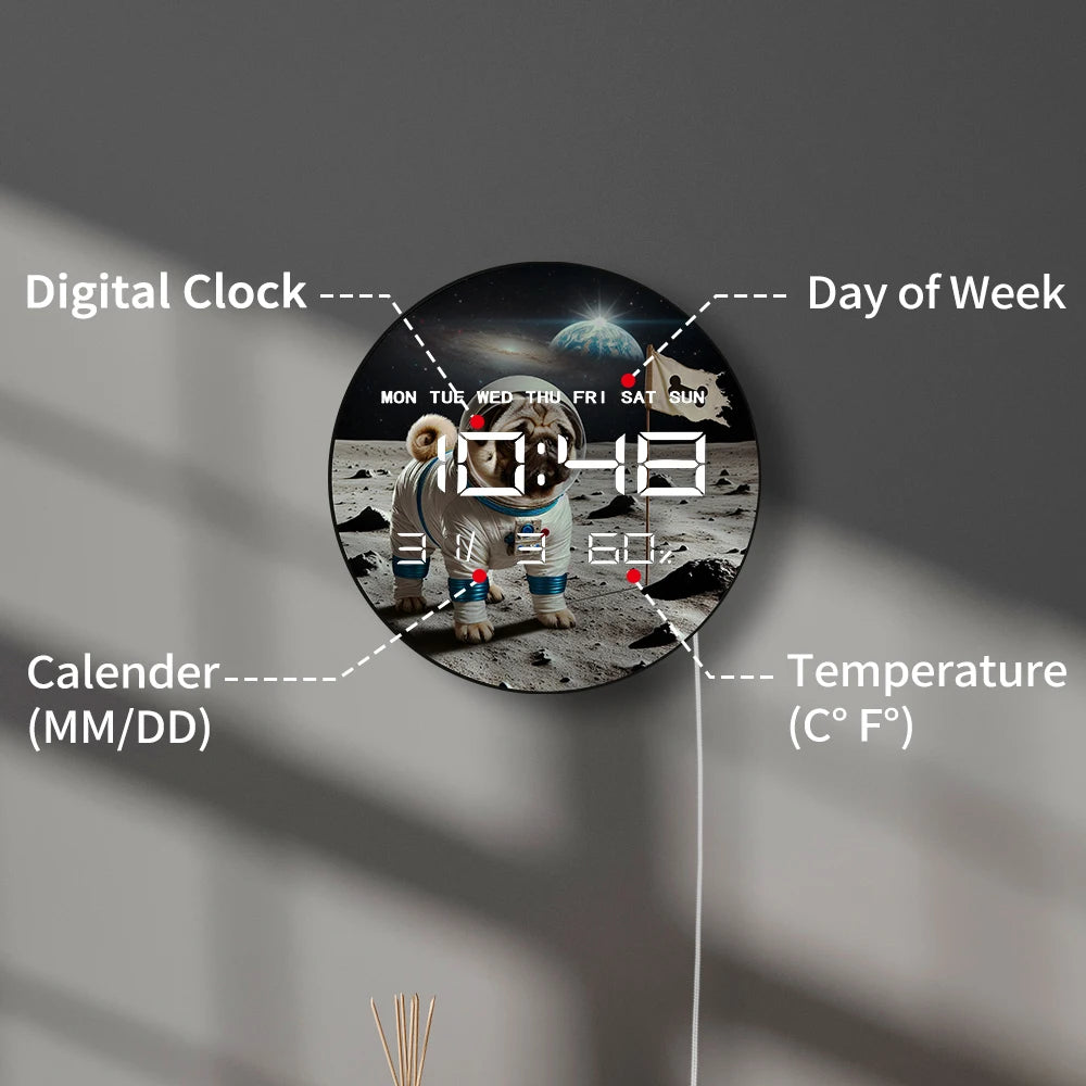 Pug Landing Moon Digital Wall Clock with LED Display Calendar Temperature Automatic Dimming 12/24hr Format Electronic Wall Clock