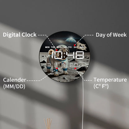 Pug Landing Moon Digital Wall Clock with LED Display Calendar Temperature Automatic Dimming 12/24hr Format Electronic Wall Clock