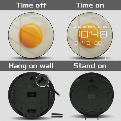 Sunny Side Up Breakfast Fried Egg Kithcen Wall Clock With LED Digital Time Display Scrambled Eggs Modern Electronic Wall Clock