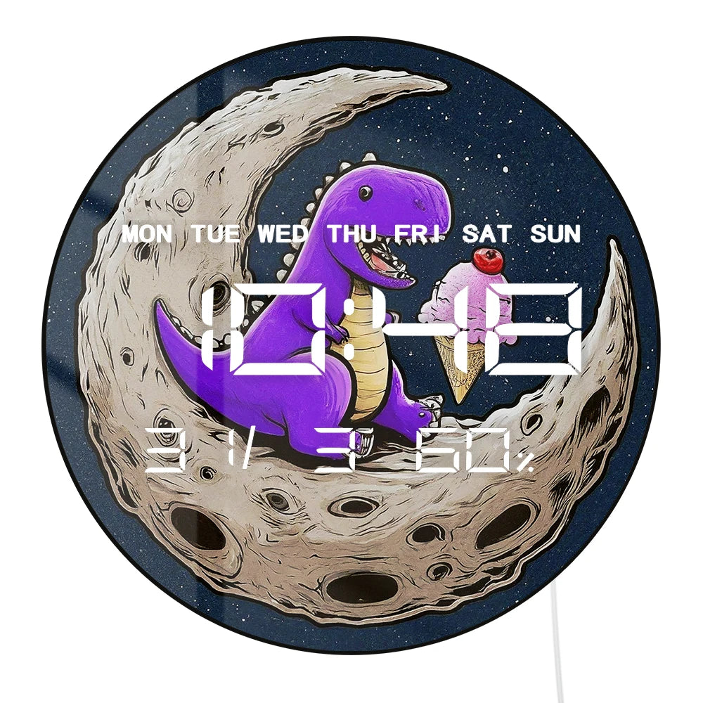 Dinosaur Eating Ice Cream on Moon Electric Wall Clock with Temperature Humidity Date Big Display Calendar LED Digital Wall Clock