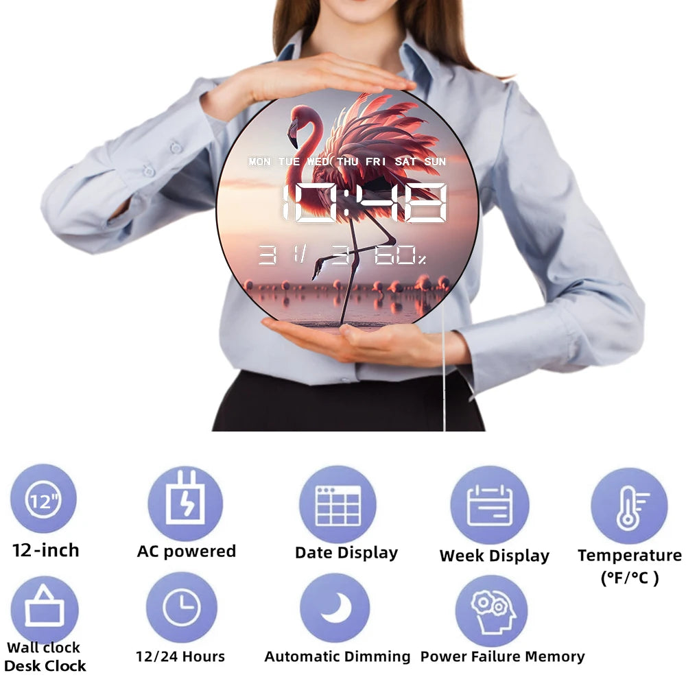 Tropical Lake Bird Dancing Flamingo LED Digital Wall Clock with Calendar Temperature Auto Dimming 12/24hr Electronic Wall Clock