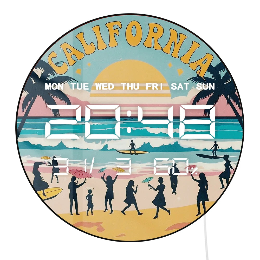 Retro California Seaside Beach Digital Wall Clock with LED Display Calendar Temperature Automatic Dimming 12/24hr Electric Clock
