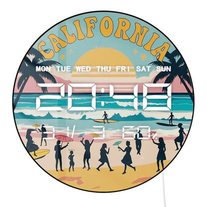 Retro California Seaside Beach Digital Wall Clock with LED Display Calendar Temperature Automatic Dimming 12/24hr Electric Clock
