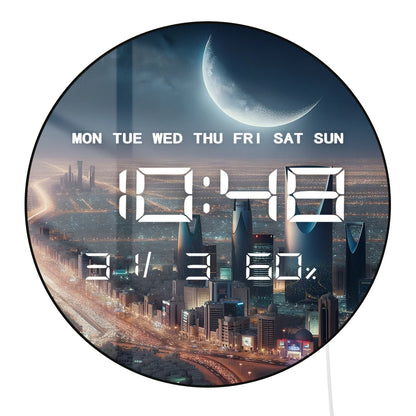 Riyadh City with Crescent Moon LED Digital Wall Clock Big Display Middle East Cityscape Arabian Home Decor Electronic Wall Clock