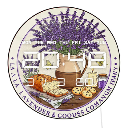 Lavender Flower with Bread Cookies LED Digital Wall Clock for Kitchen Dinning Room Home Decor Dual Purpose Electronic Wall Clock