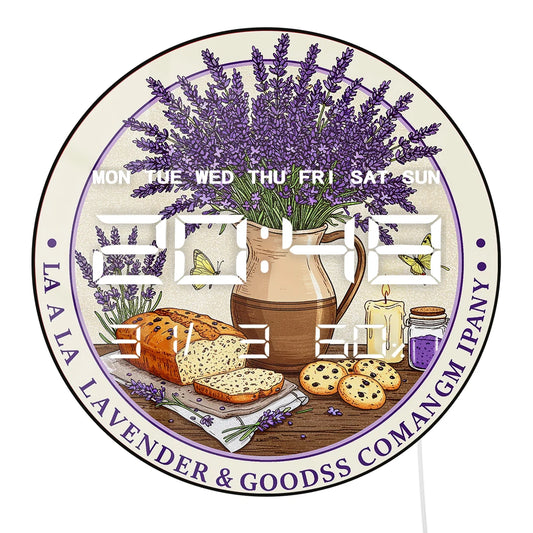 Lavender Flower with Bread Cookies LED Digital Wall Clock for Kitchen Dinning Room Home Decor Dual Purpose Electronic Wall Clock