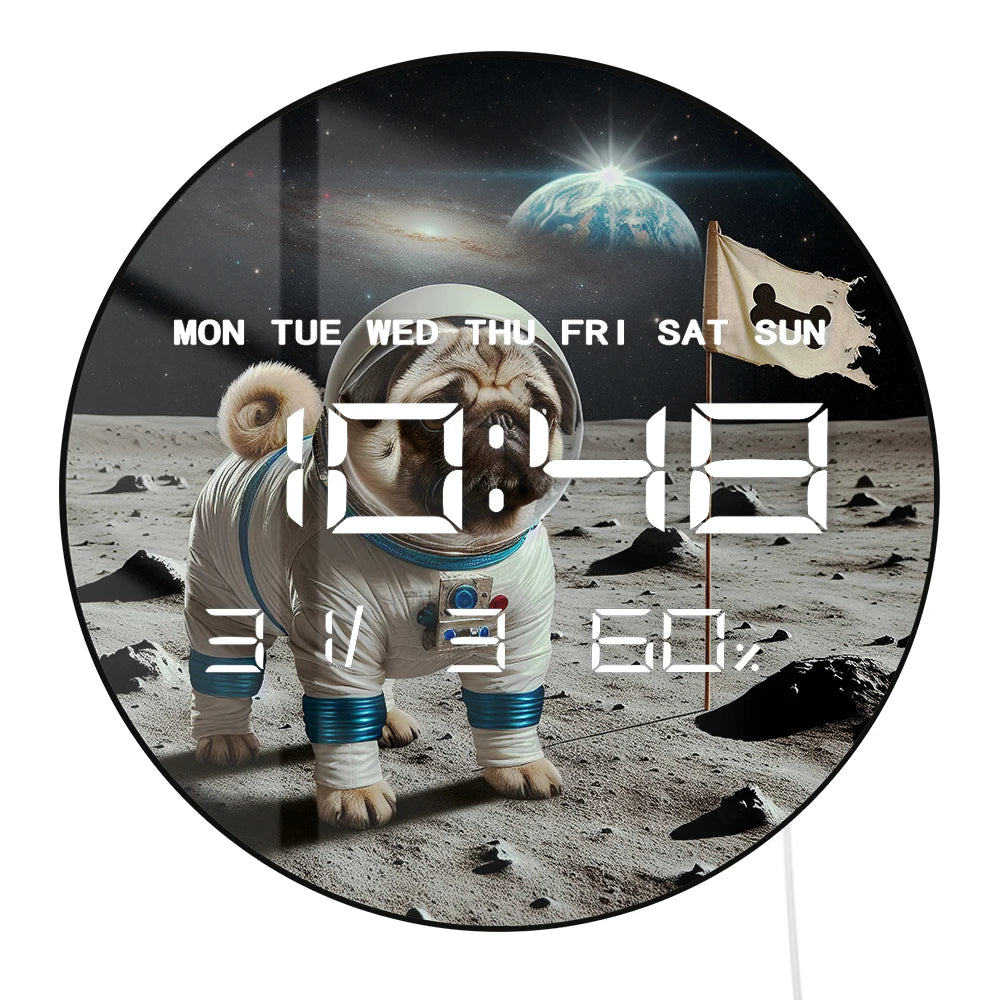 Pug Landing Moon Digital Wall Clock with LED Display Calendar Temperature Automatic Dimming 12/24hr Format Electronic Wall Clock