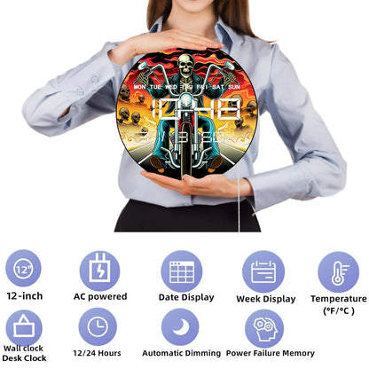 Motorcycle Rider Skull Biker Smart Dimming LED Digital Wall Clock 12/24hour Timer Electric Clock with Calendar Date Temperature