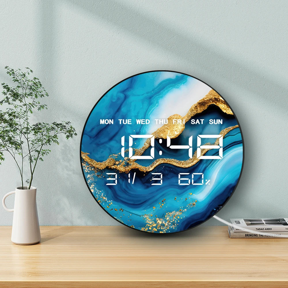 Luxury Marble Blue Paint Printed LED Digital Wall Clock Abstract Art Home Decor Watch Electronic Wall Clock Large Number Display