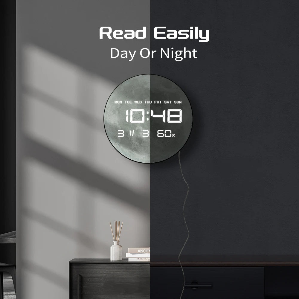 Planet Moon Digital Wall Clock Home Decor Large Display LED Lunar Wall Clock For Living Room with Temperature Date Day Display