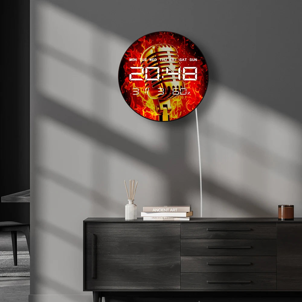 Microphone LED Auto Dimming Digital Wall Clock for Recording Studio Singer Home Decor 12/24hr Electric Wall Clock Podcaster Gift