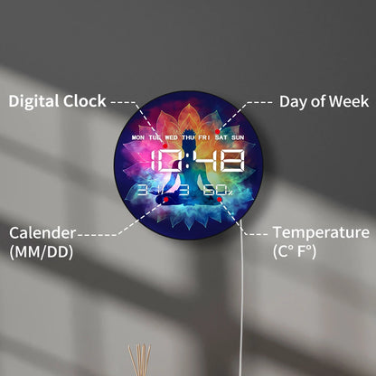 Yoga Woman With Lotus Flowers LED Digital Wall Clock with Timer Date Temperature Display Chakra Gradient Electronic Wall Clock