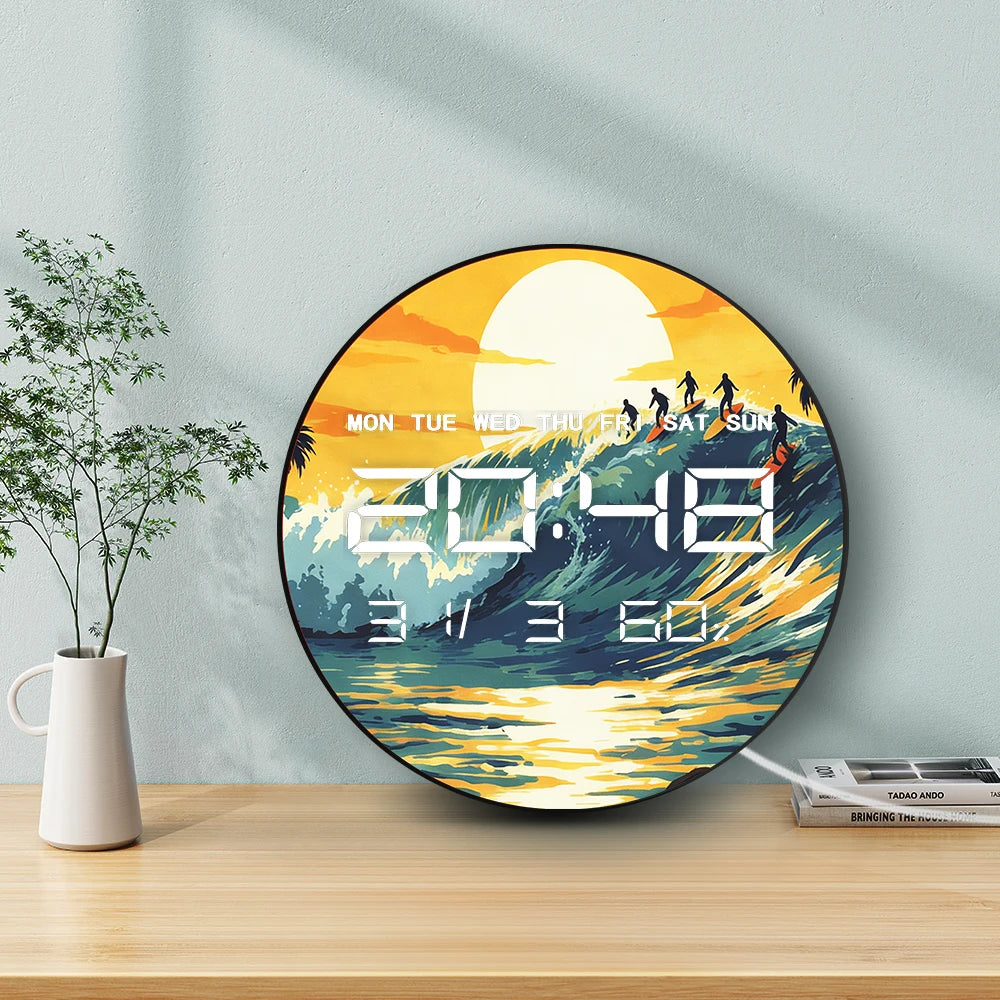Sunset Surfing Auto Dimming LED Digital Wall Clock with Date Calendar Temperature Seaside Beach Home Decor Electronic Wall Clock