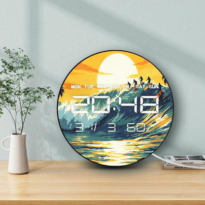 Sunset Surfing Auto Dimming LED Digital Wall Clock with Date Calendar Temperature Seaside Beach Home Decor Electronic Wall Clock