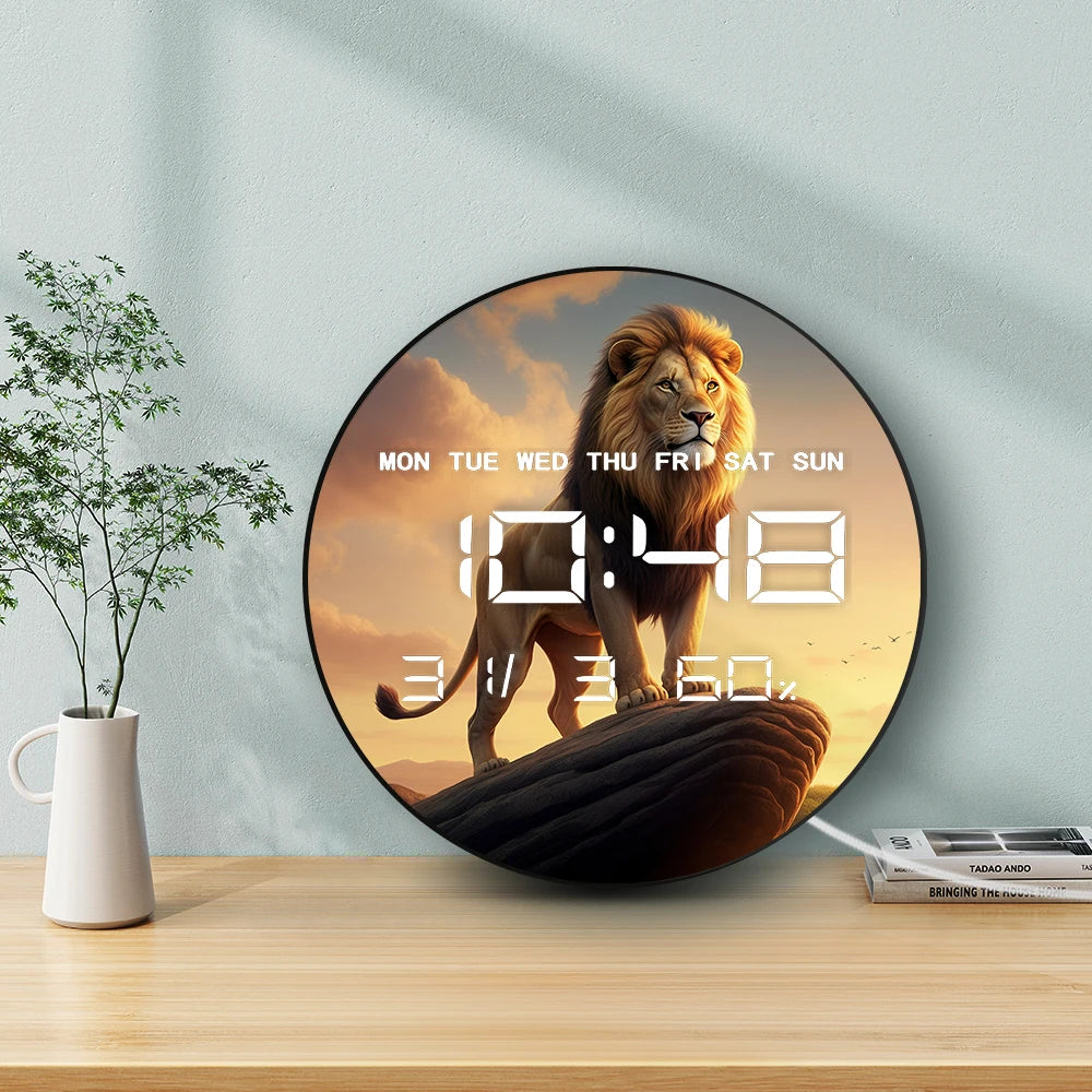 Lion on Pride Rock Large Digital Wall Clock Safari Animal Home Decor Electronic Wall Clock with Timer Date Temperature Display