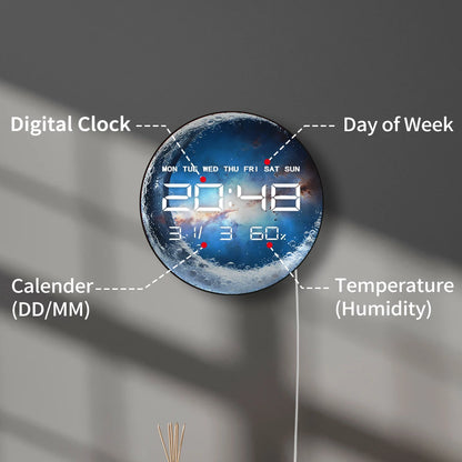 Clear Glass Crescent Moon LED Digital Wall Clock with Calendar Date Temperature Universe Home Decor 12/24hr Electric Wall Clock