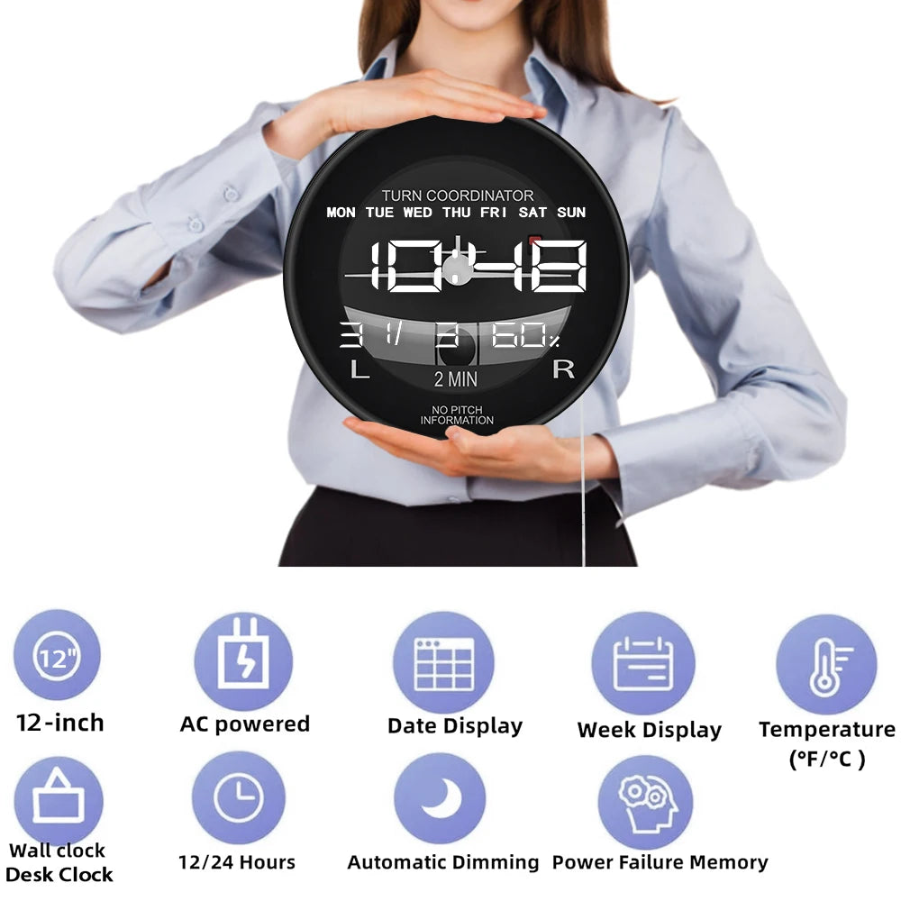 Helicopter Airplane Turn Coordinator LED Digital Wall Clock Flight Instrument Aviation Pilot Electronic Clock Wall & Desk Use