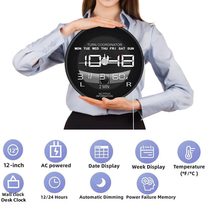 Helicopter Airplane Turn Coordinator LED Digital Wall Clock Flight Instrument Aviation Pilot Electronic Clock Wall & Desk Use