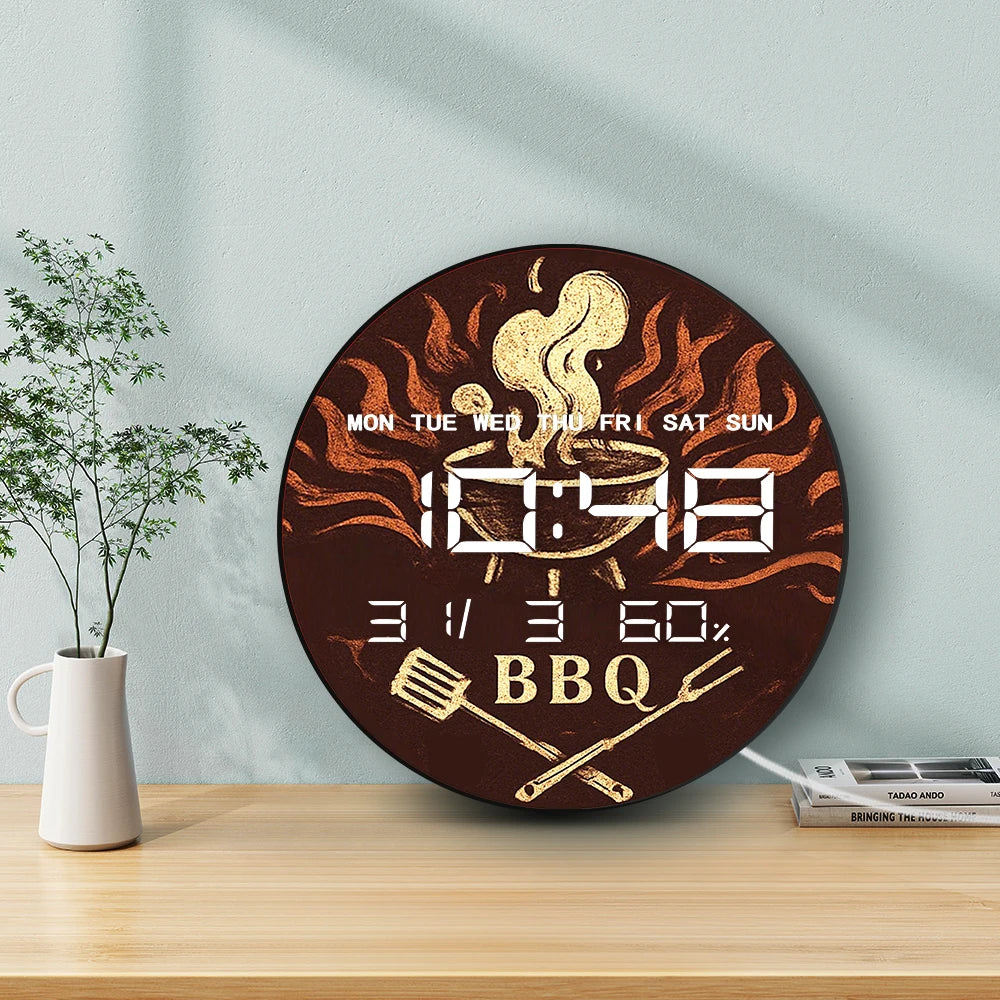 BBQ Grill Barbeque Electronic Wall Clock Large LED Numeric Display with Calendar Date Temperature Humidity 12/24hour Format