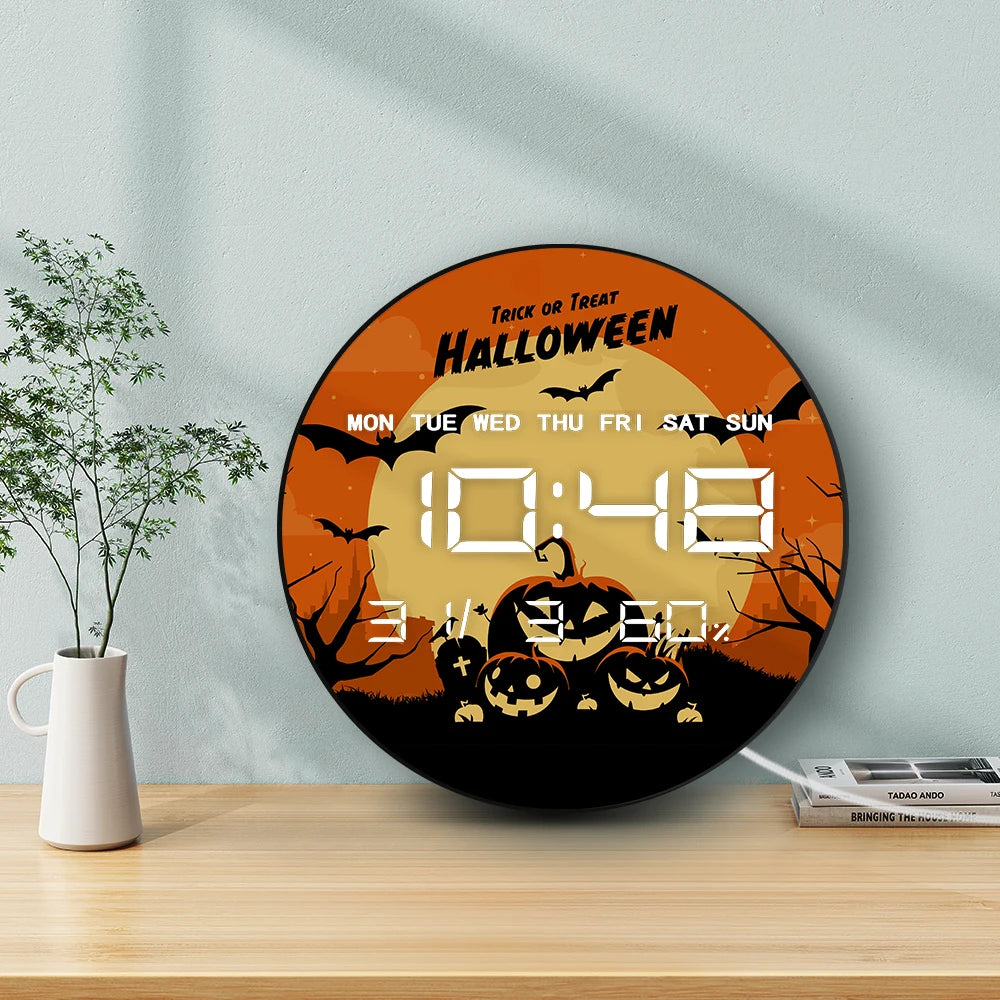 Trick or Treat Digital Wall Clock with LED Display Full Moon Ghost Pumkins Bats Halloween Electric Clock Large Numeric Display