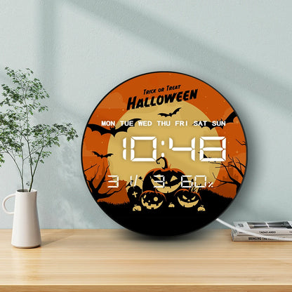 Trick or Treat Digital Wall Clock with LED Display Full Moon Ghost Pumkins Bats Halloween Electric Clock Large Numeric Display