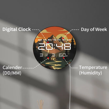 Mountains Peaks Cabin Pine Trees with Sunset  LED Digital Wall Clock Nature Landsacpe Home Decor 12/24hour Electronic Wall Clock