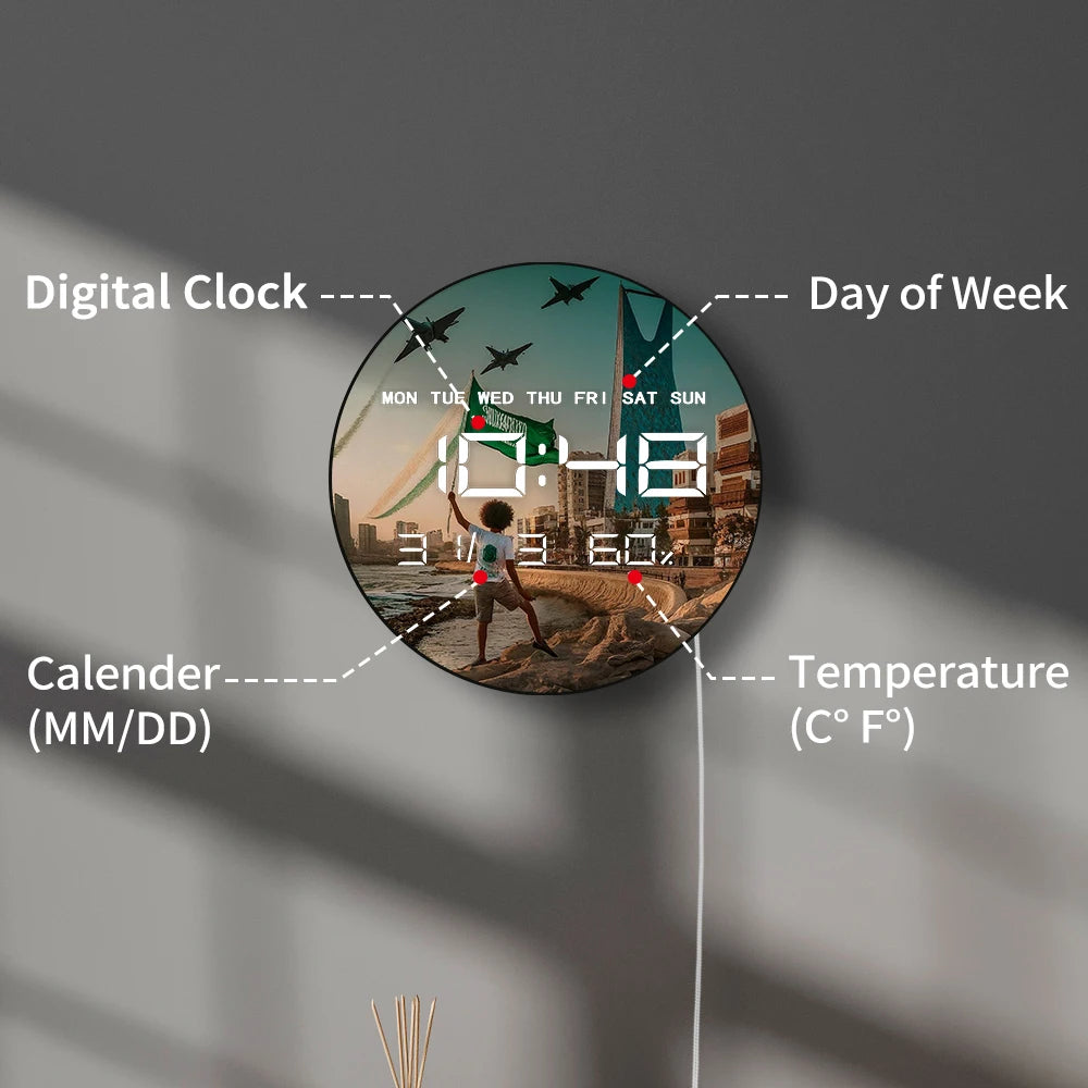Flag of Saudi Arabia Modern Design Wall Clock with Timer Date Temperature Display Islamic Skyline Home Decor Electronic Clock