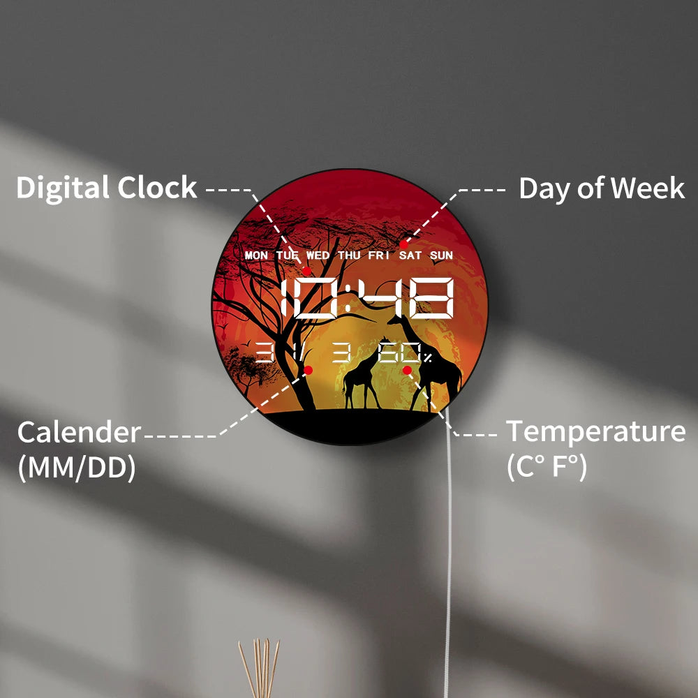 Giraffe Savannah LED Digital Wall Clock African Sunset Wildlife Animals Safari Landscape Electronic Numeric Clock Wall Desk Use