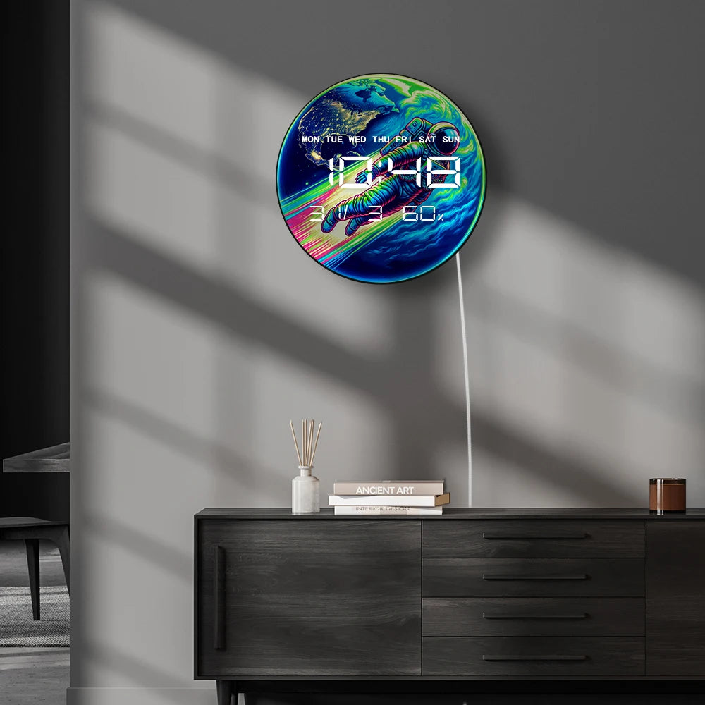 Astronaut Flying Over Earth Planet Electric Wall Clock Large Numeric Display Cartoon Spaceman Home Decor LED Digital Wall Clock