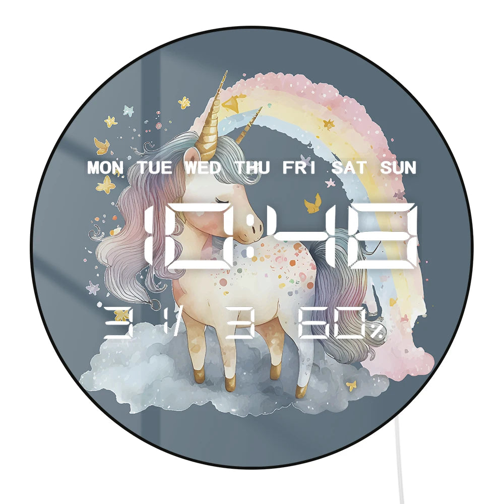 Rainbow Unicorn Modern Electronic Wall Clock Large Numeric Display For Girls Nursery Room Fantasy Home Decor Digital Wall Clock
