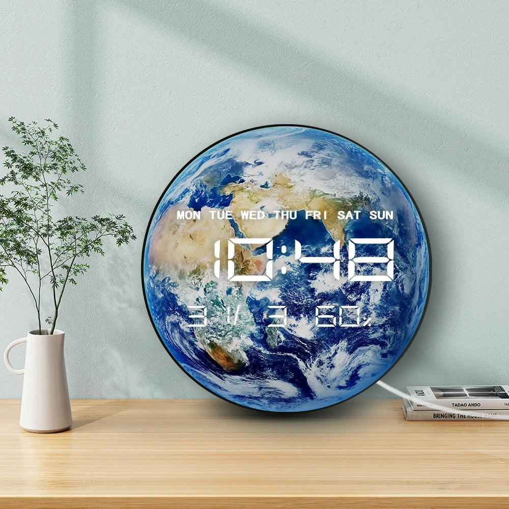 Earth World Globe LED Digital Wall Clock For Bedroom Planet From Space Blue Marble Home Decor Electric Display Desk Table Clock