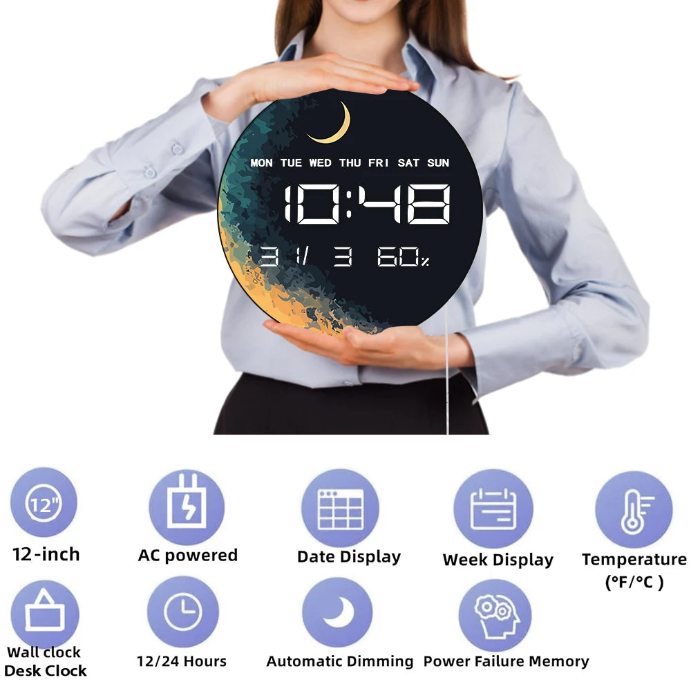 Planet with Moon Electronic Clock Wall Desk Use Moonlight Home Decor Digital Wall Clock with LED Display Calendar Temperature