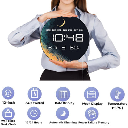 Planet with Moon Electronic Clock Wall Desk Use Moonlight Home Decor Digital Wall Clock with LED Display Calendar Temperature