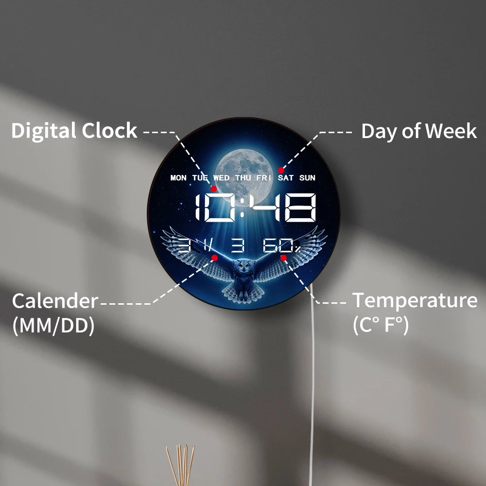 Flying Owl with Full Moon LED Auto Dimming Digital Wall Clock Electronic Wall Clock with Jumbo Numbers Calendar Date Temperature