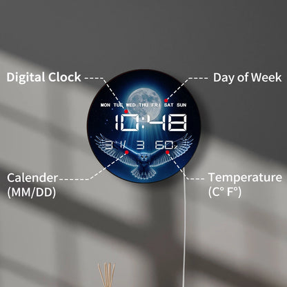 Flying Owl with Full Moon LED Auto Dimming Digital Wall Clock Electronic Wall Clock with Jumbo Numbers Calendar Date Temperature