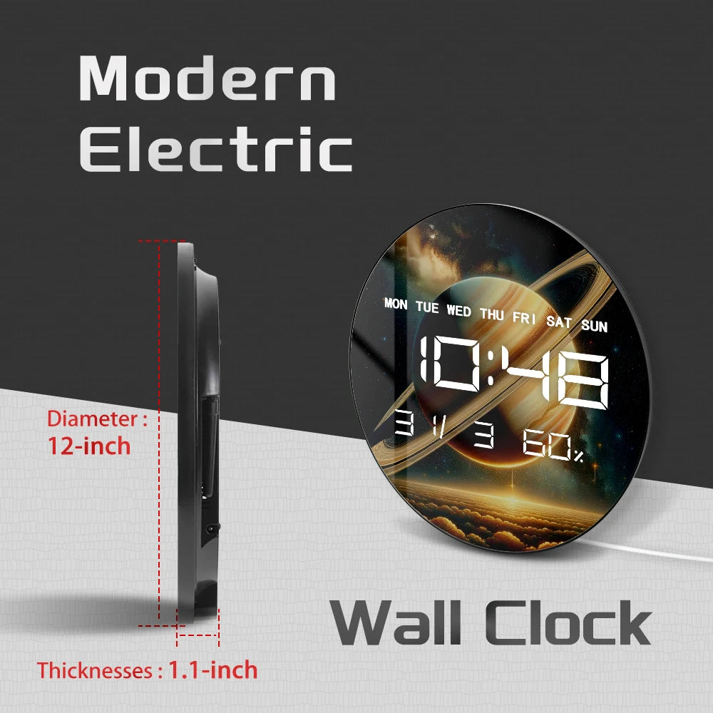 Planet Saturn with Rings Electric Numeric Wall Clock Starry Sky Astronomy Artwork Home Decor LED Auto Dimming Digital Wall Clock