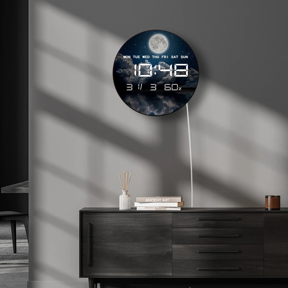Night Sky with Stars Moon Clouds LED Digital Clock with Temperature Humidity Calendar Date Large Display Electronic Wall Clock