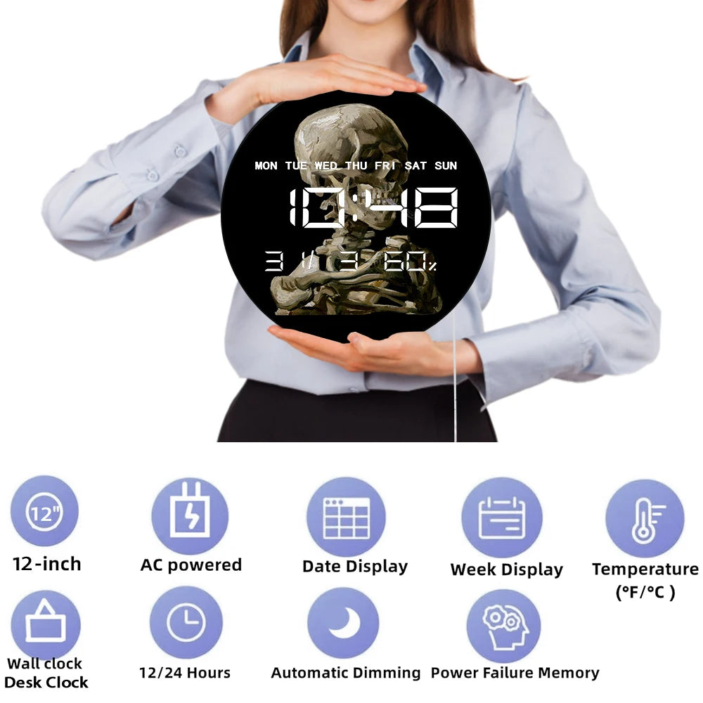 Vincent van Gogh Drawing Skull with Burning Cigarette Digital Wall Clock Smoking Skeleton Electronic Wall Clock Large Display