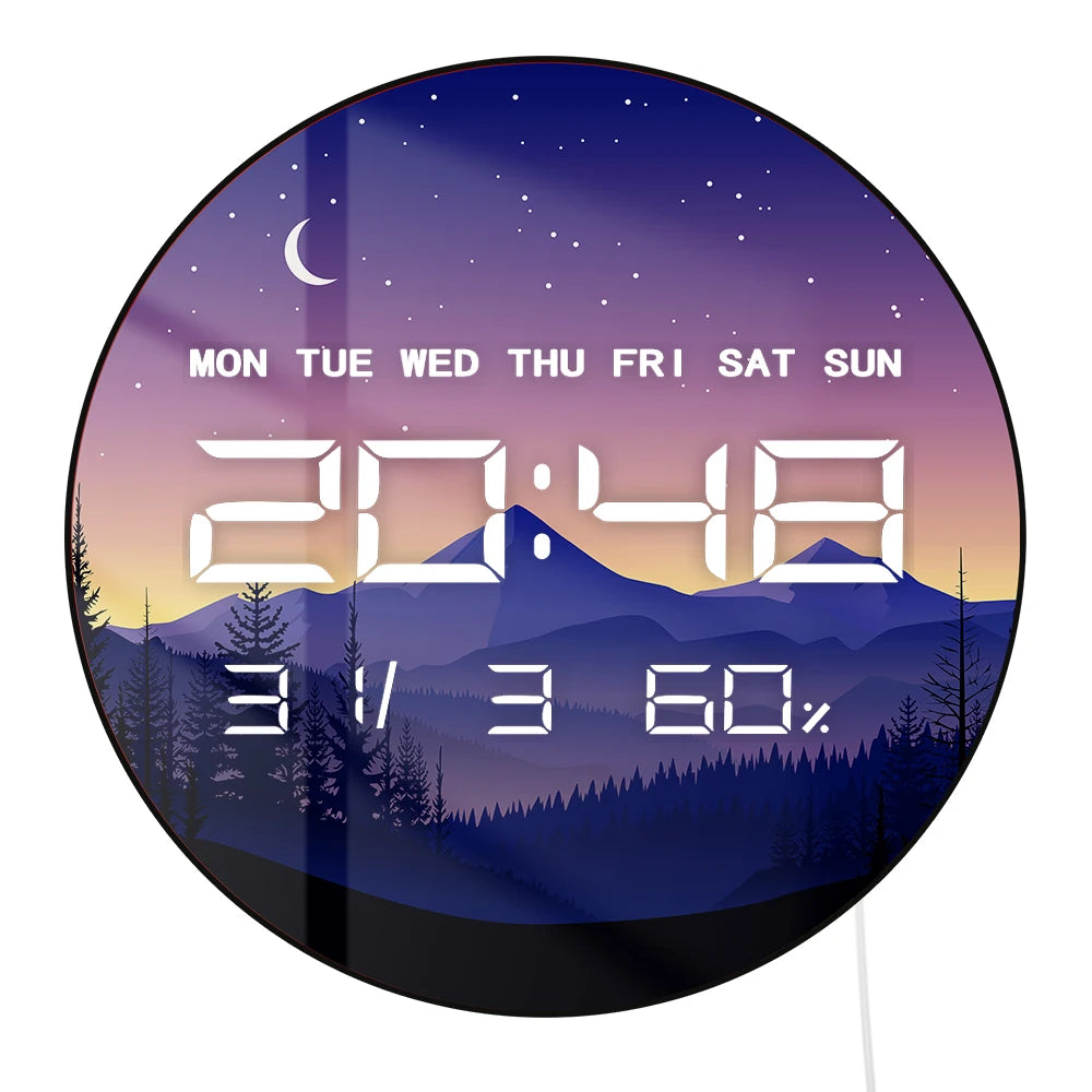 Mountain Forest Night Landscape LED Digital Wall Clock Timer Crescent Starry Sky Multifunctional 12/24hr Electronic Wall Clock
