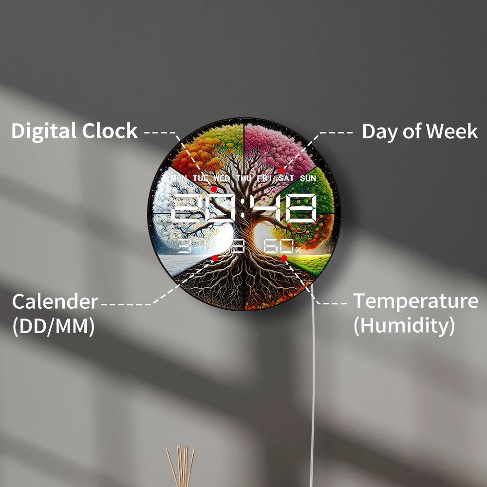 Four Seasons Tree of Life Multifunctional LED Digital Wall Clock Electronic Wall Clock with Calendar Date Humidity Temperature