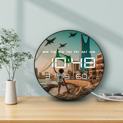 Flag of Saudi Arabia Modern Design Wall Clock with Timer Date Temperature Display Islamic Skyline Home Decor Electronic Clock