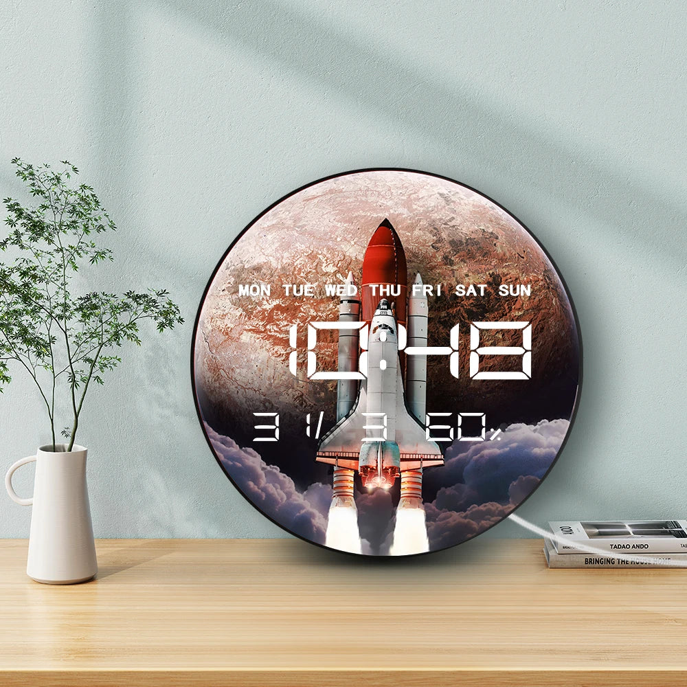 Space Shuttle with Red Planet Electronic Wall Clock Large Numeric Display Digital Clock with Humidity Calendar Date Temperature