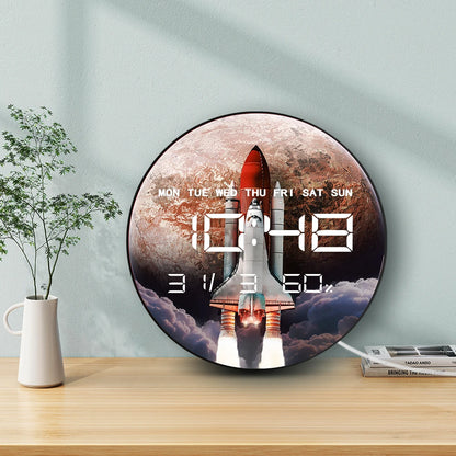 Space Shuttle with Red Planet Electronic Wall Clock Large Numeric Display Digital Clock with Humidity Calendar Date Temperature