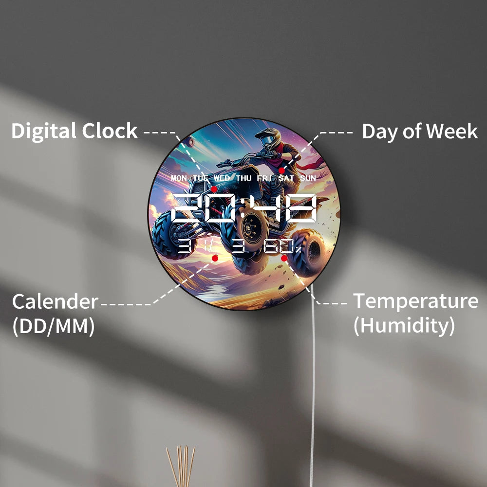 Anime ATV Jump LED Digital Wall Clock Extreme Quad Bike Off-Road 12/24hr Format Electric Clock 12/24hr Timer with Calendar Date