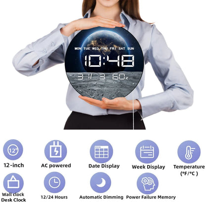 Moon and Earth Digital Wall Clock Large Digital Time Display Planet Deep Space Home Decor Watch LED Numeric Clock Wall Desk Use