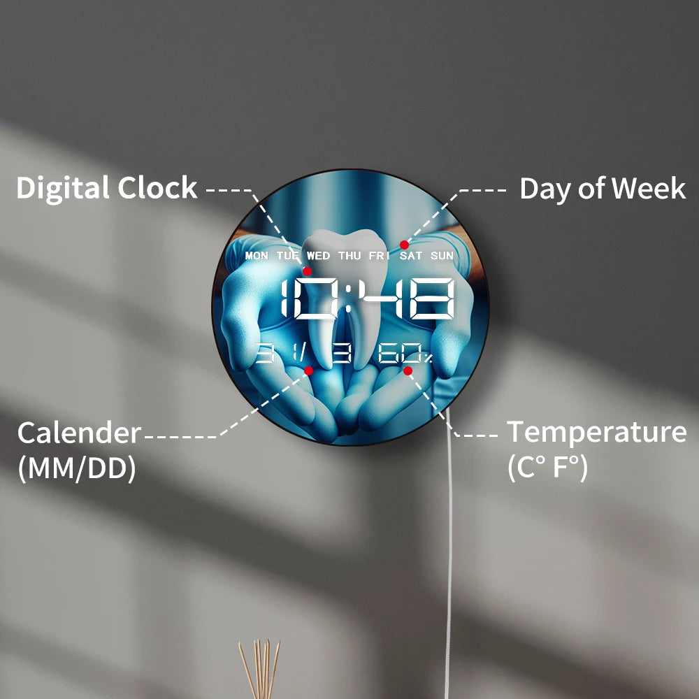 Oral Dental Hygiene LED Digital Wall Clock with Calendar Temperature Auto Dimming 12/24hr Format Dentist Electronic Wall Clock